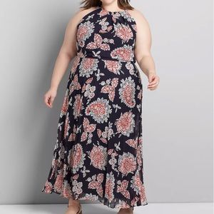 Halter Pleated Maxi Dress Navy Medallion Print